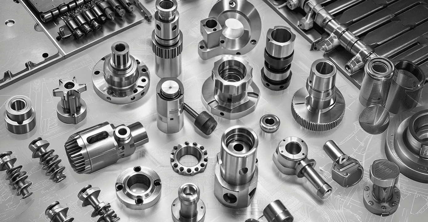 Machined steel shafts, gears, and housings laid out on a workbench
