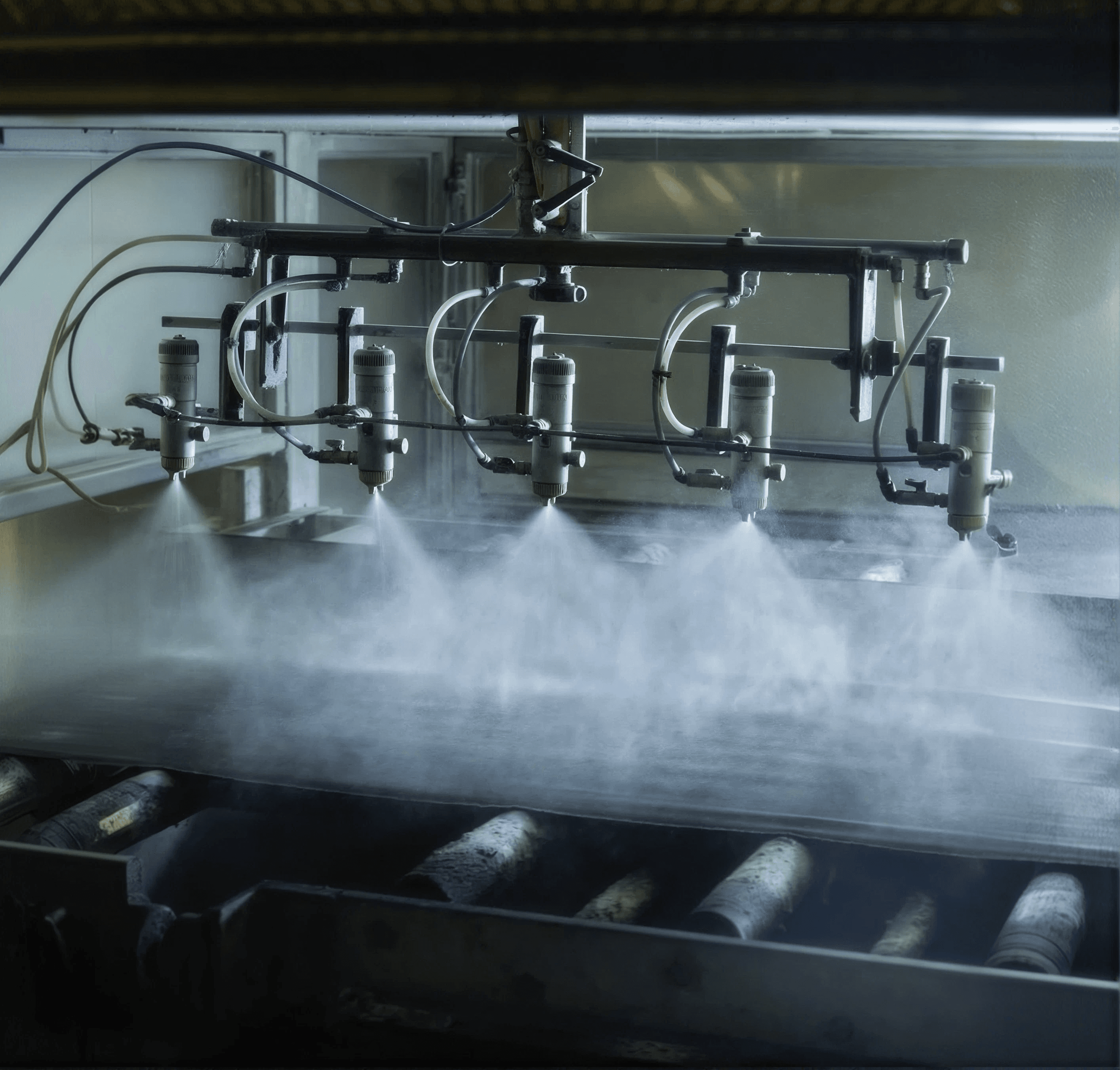 A row of spray nozzles misting down over a stainless washdown line