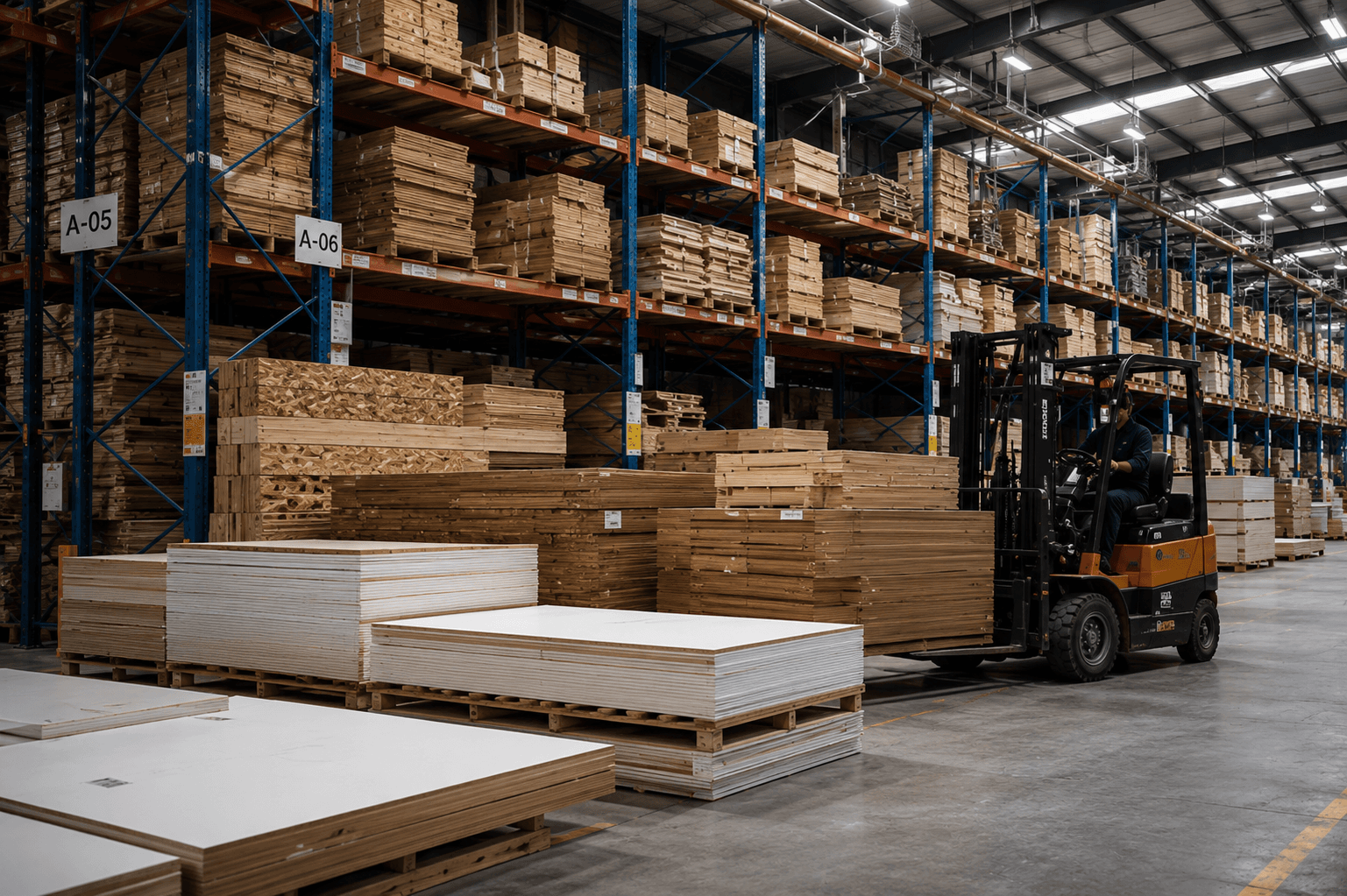 Forklift moving wood products through an ABB Woods warehouse