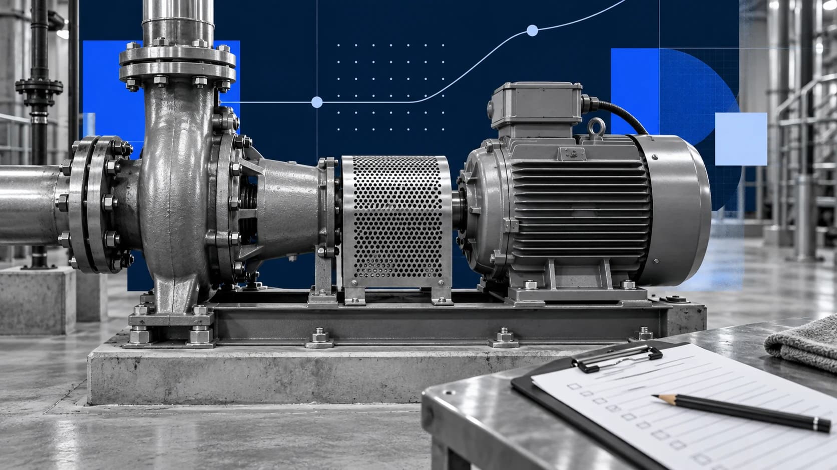 Industrial motor beside an orderly maintenance record and a subtle blue trend motif
