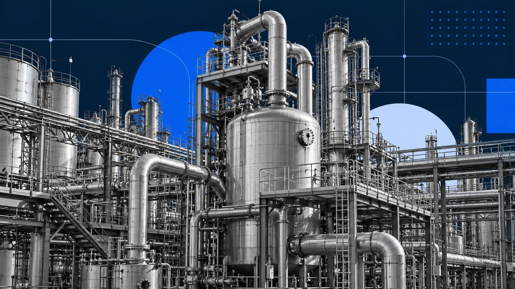 Wide processing plant illustrated with a connected blue grid and no people