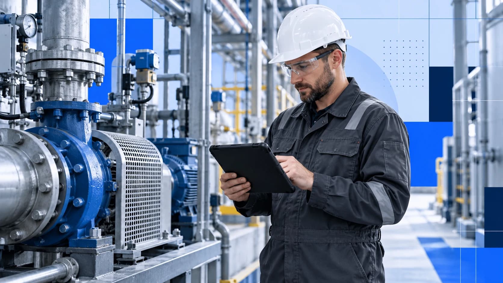 Técnico de mantenimiento con una tableta junto a equipo industrial en una planta de manufactura